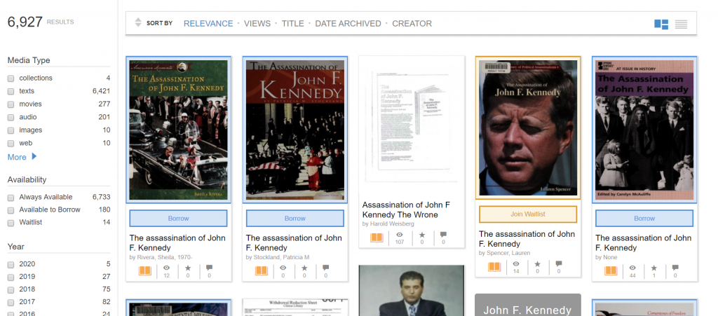 Internet Archive Screenshot of Search Results